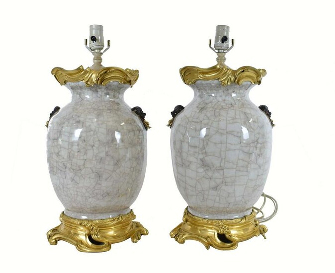 FINE PAIR CHINESE ORMOLU MOUNTED CRACKLE VASES