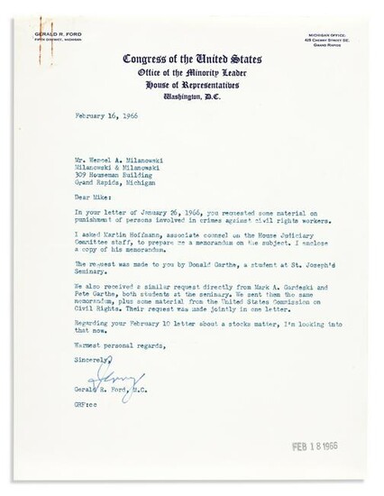 FORD, GERALD R. Typed Letter Signed, "Jerry," as