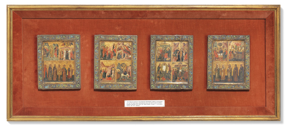 FOUR ICONS OF THE TWELVE MAJOR FEASTS OF THE ORTHODOX CHURCH AND SELECTED SAINTS, MOSCOW, POSSIBLY STROGANOV SCHOOL, 16TH CENTURY