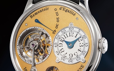 F.P. Journe, An early, impressive and highly collectible platinum chronometer wristwatch with tourbillon regulator and remontoir d'egalité, brass movement, warranty and presentation box