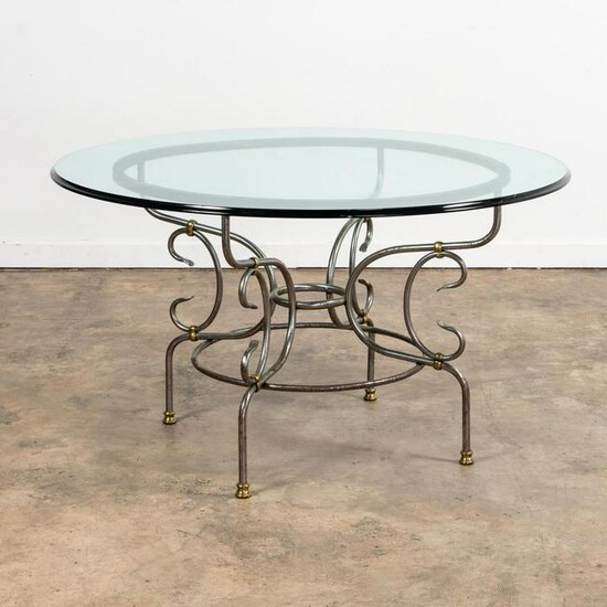 FRENCH POLISHED STEEL & BRASS GLASS DINING TABLE