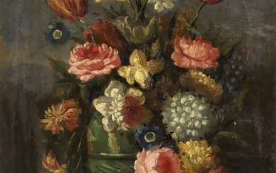 FRENCH SCHOOL OIL ON CANVAS PAINTING STILL LIFE WITH FLOWERS