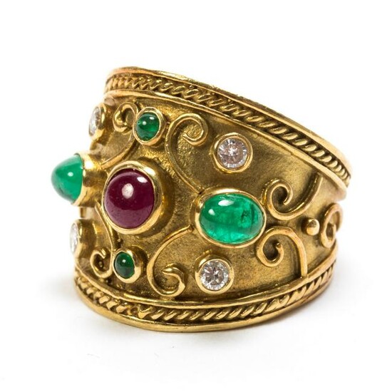 Fine 18k Gold Diamond Ruby Emerald Greek Ring Sz7