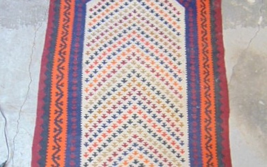 Flat weave carpet, red, blue orange, rug is 71" by 41"