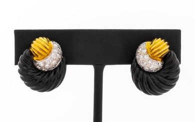 Fluted 18K Yellow Gold Black Onyx Diamond Earrings