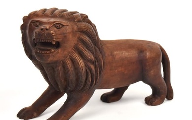 Folk Art Carved Wooden Male Lion