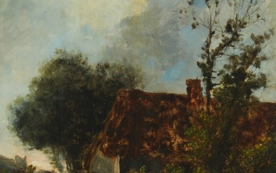 Follower of Jean-Baptiste-Camille Corot (1796-1875), Village scene, Village scene, 18.25" H x 15" W