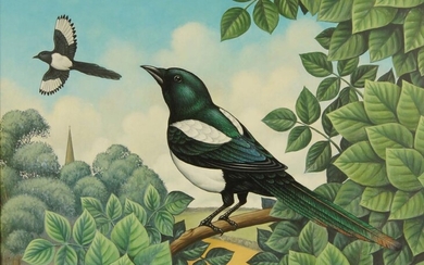 Fred Aris, British 1932-1995- Magpies; oil on panel, signed lower right, 28.5 x 38.5 cm (ARR)