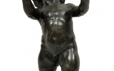 French Bronze Garden Sculpture Cherub Ca. 1900, H 24" W 14"