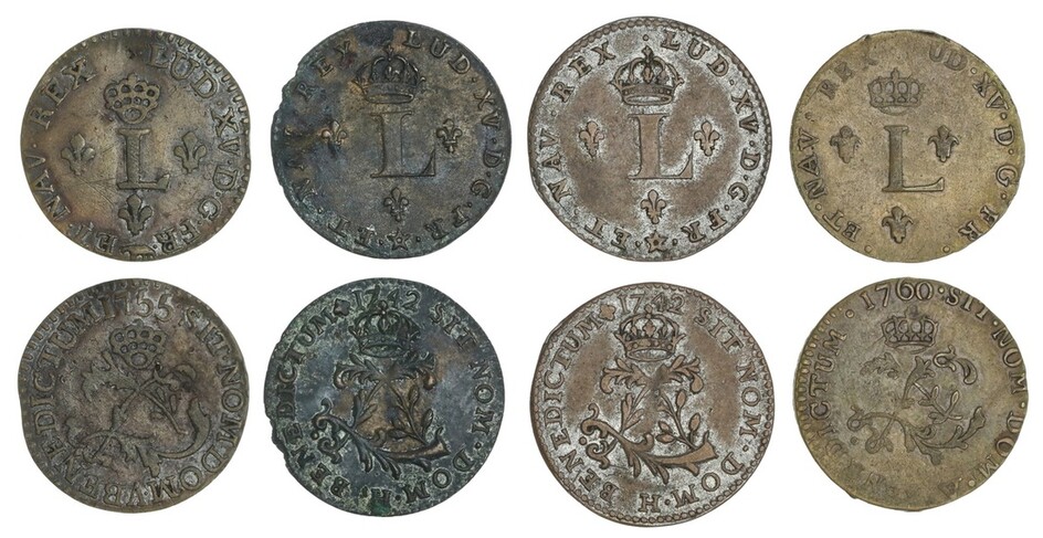 French New World. Louis XV (1715-1774). Quartet of contemporary counterfeit Sou Marque (Double...