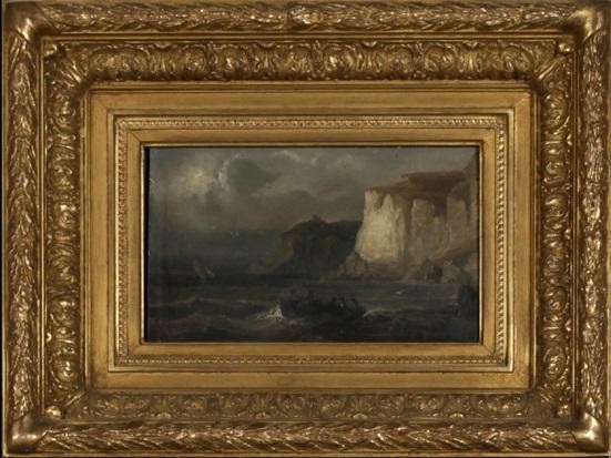 French School, "Boats Near the Cliffs," 19th c., oil on