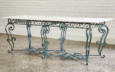 French marble top table on ornate wrought iron base (70 x 200 x 80cm)