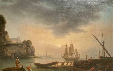 French school of the 18th century - Mediterranean harbour scene at sunset