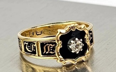 ^Georgian Memento Mori Mourning 18k Gold Diamond Black Enamel, Hair Ring ^c1835***