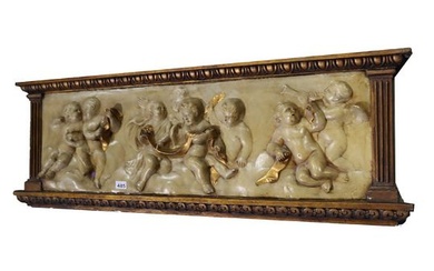 Gips Relief 'Putten', bemalt mit Holzrahmen, 40 cm x 120 cm, teils bestossen, kein Versand, Abholung