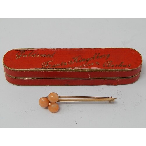 Gold Brooch Set with Three Coral Beads in Original Box.