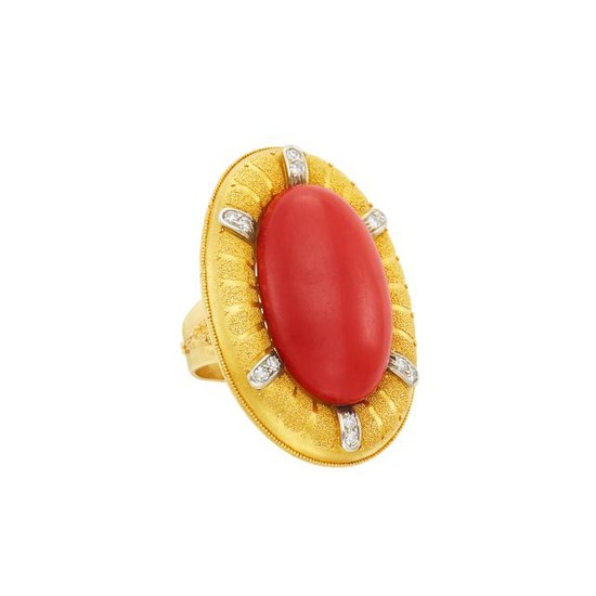 Gold, Coral and Diamond Ring