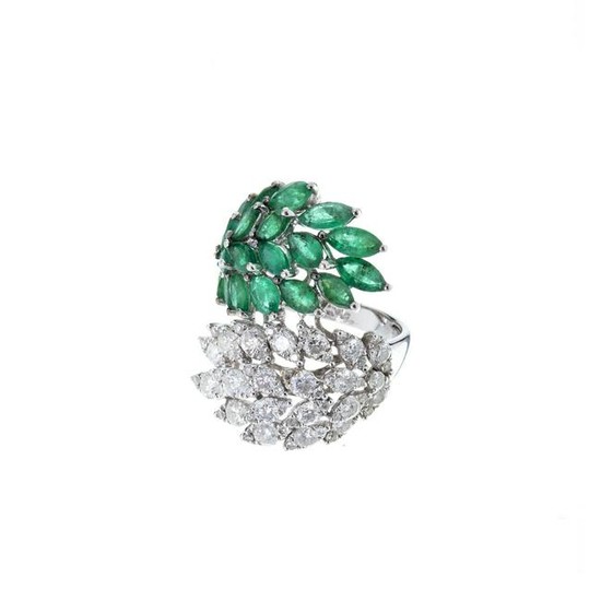 Gold ring 'leaves' with diamonds and emeralds