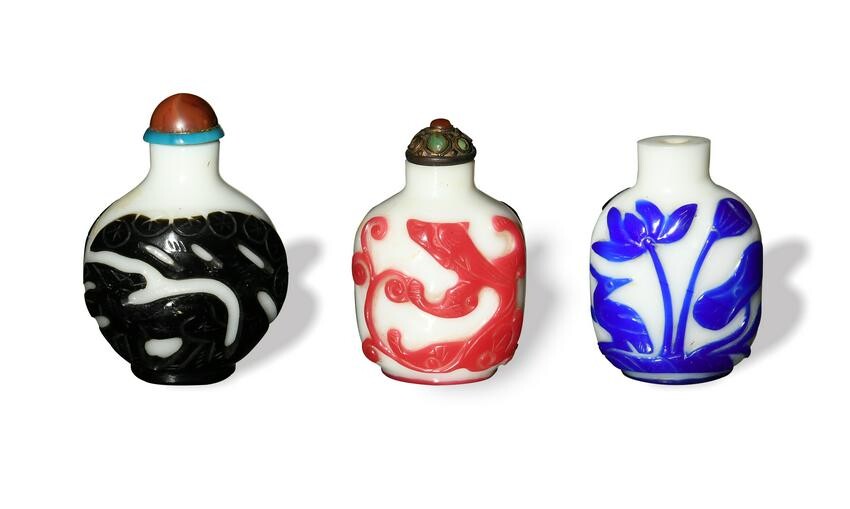 Group of 3 Chinese Peking Glass Snuff Bottles, 19th C.