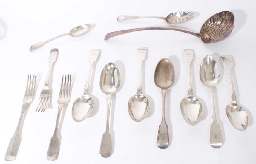 Group of Georgian and later silver fiddle and fiddle and thread pattern flatware, together with a Georgian Old English pattern silver soup ladle