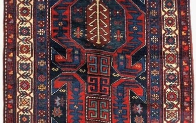 Hand Knotted Caucasian Kazak Navy Red Tribal Oriental Wool Area Rug 4'5" x 8'6"