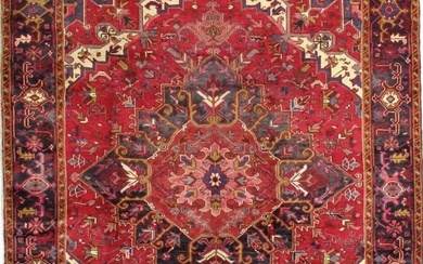 Hand Knotted Persian Heriz Tribal Red Navy Oriental Wool Area Rug Carpet 7'4" x 9'5"