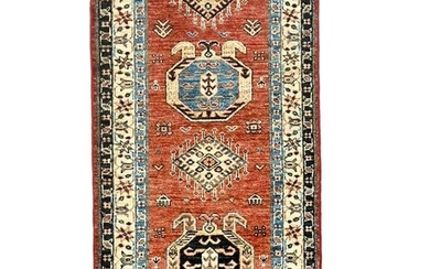 Hand-Knotted Rusty Red Tribal Geometric 26X66 Kazak Runner Rug Kitchen Carpet
