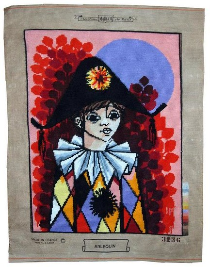 Handmade vintage French tapestry Arlequin 1.6' x 2'