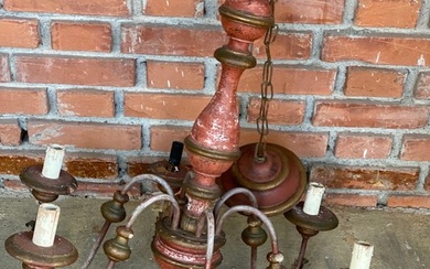 Hanging lamp - Red and golden - Iron (wrought), Wood