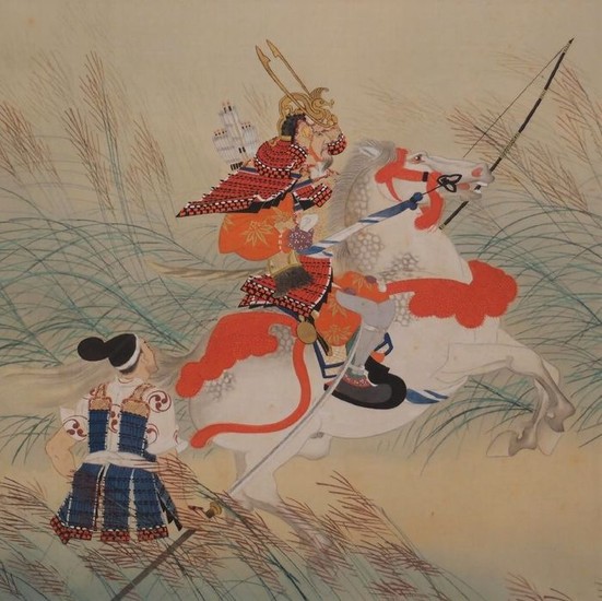 Hanging scroll, Painting - Silk - Samurai - Minamoto no Yoshiie 源義家 by Kurokawa Kenkai 黒川硯海 (1889-1947) - Japan - Early 20th century