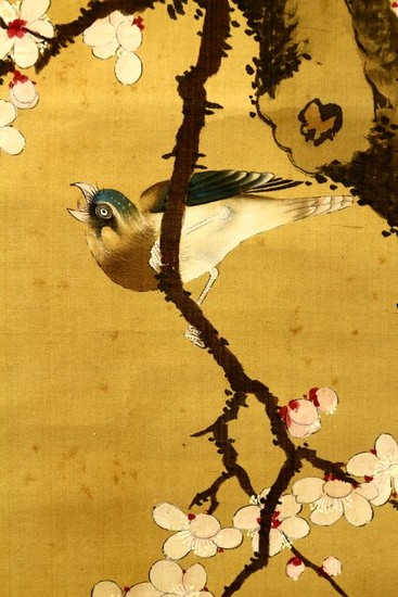 Hanging scroll - Silk - Birds on Ume tree - With signature and seal 'Gakuyo' 岳陽 - Japan - ca 1897 (Meiji period)