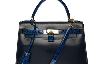 Hermès - Exceptionnel Kelly 28 sellier bandoulière en cuir box bleu customisé avec du crocodile, garniture en Crossbody bag