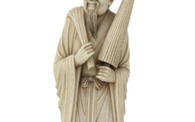 Homme à l'ombrelle et au baluchon, sculpture en ivoire, Chine, XXe s., h. 25 cm