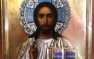 Icon, Christ Pantocrator - Enamel, Silver, Wood - 19th century