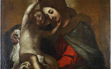 Ignoto Antico dipinto raffigurante "Madonna incoronata con il Bambino" olio su tela (cm 110x89,5) (difetti e restauri)