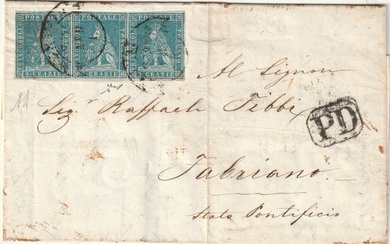 Italian Ancient States - Tuscany 1855 - 1st issue, 2 cr. azure, strip of 3 with good margins on letter from Florence to Pesaro, very rare, - Sassone n.5d