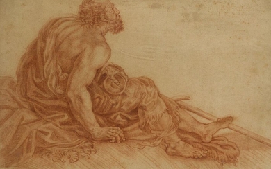 Italian School, 17th century- Reclining draped male nude turned to the right; red chalk on laid paper, 27.8 x 41.2 cm. Provenance: Collection of Pietro Raffo Raccolta, London.; Private Collection, UK.