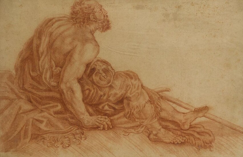 Italian School, 17th century- Reclining draped male nude turned to the right; red chalk on laid paper, 27.8 x 41.2 cm. Provenance: Collection of Pietro Raffo Raccolta, London.; Private Collection, UK.