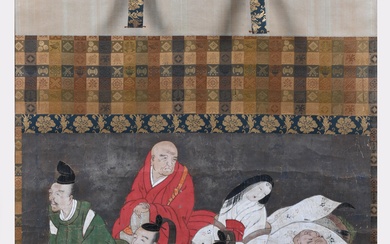 JAPANESE SCHOOL, EDO PERIOD (19TH CENTURY), HANGING SCROLL PAINTING OF THE SIX IMMORTAL POETS, Ink and color on silk, with silver leaf, Painting: 21 1/2 x 30 3/4 in. (54.6 x 78.1 cm.)