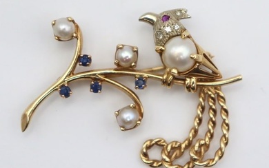 JEWELRY. 14kt Gold Pearl and Gem Brooch.