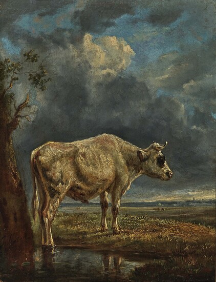Jan II Kobell1778 Delfshaven - 1814 Amsterdam Jeune taureau à l'eau L.u. signé (rest.). Huile...