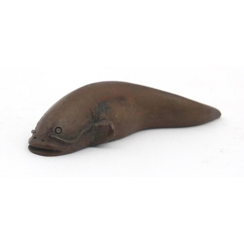 Japanese patinated bronze catfish, impressed character marks...