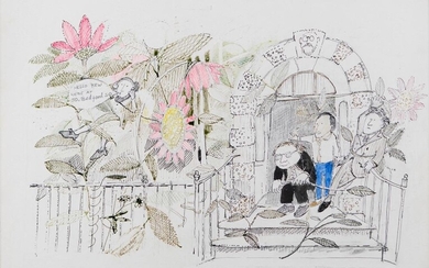 John Burningham, British 1936-2019- Hello Kew We're at 30, Bedford Square; ink and pencil on paper, 25.1 x 35.3 cm (ARR) Note: with a label attached to the reverse stating ‘one of a series commissioned for Cape seasonal list covers’. The title is a...