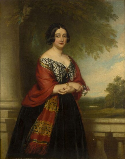 John Lindsay Lucas, British 1807-1874- Portrait of a Frances Anne Bate, Lady Rowe, standing three-quarter length, on a terrace with a landscape beyond, wearing a black dress and red shawl; oil on canvas, 142.2. x 111.5 cm. Provenance: With G...