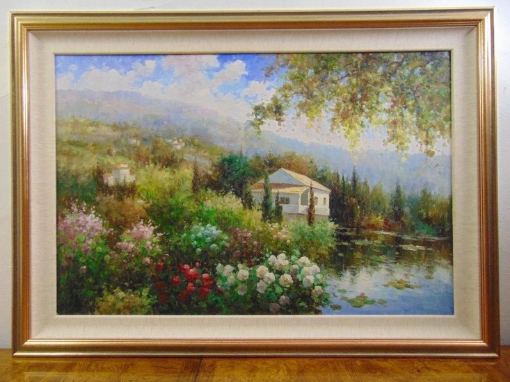 K. Wardel framed oil on canvas of a house by a lake, signed ...