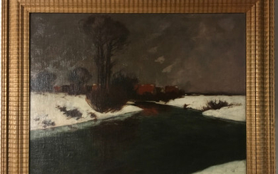 Karl Kustner ( Gusntersblum 1861 - Monaco Di Baviera 1934 ) , "Pomeriggio d'inverno" olio su tela (cm 50x60) Firmato in basso a destra. In cornice intagliata