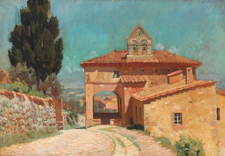 Knud Sinding: View from the entrance to an Italian mountain village. Signed with monogram. Oil on canvas. 41.5×58.5 cm.