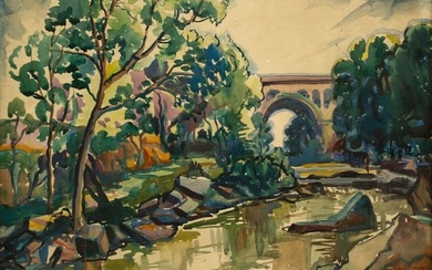 "LANDSCAPE WITH BRIDGE" BY FRANK NELSON WILCOX (1887-1964).