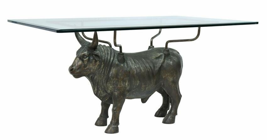LARGE WESTERN STYLE GLASS-TOP CAST IRON BULL TABLE
