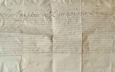 LOUIS XV-Grand document, très décoratif et en parfait état, signé LOUIS, contresigné par Voyer D'Argenson,...